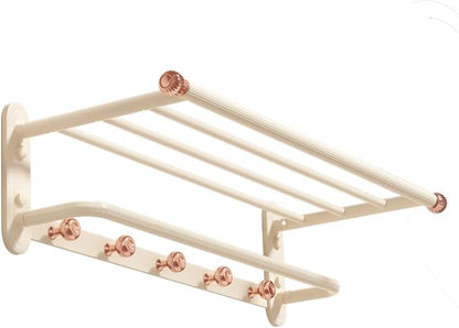 Luxury Double Bath Towel Rack, 24-Inch Rose Gold & Cream White Wall Mounted Towel Shelf, Space-Saving 90° Foldable Aluminum Towel Holder with 5 Hooks for Bathroom, Hotel, and Bedroom, Rustproof Design