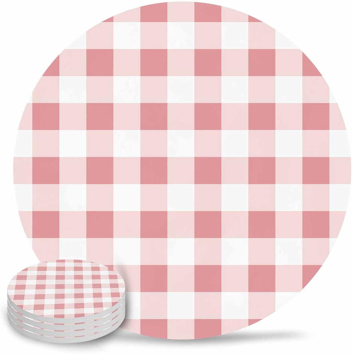 Coaster for Drinks 4 Pack,Modern Pink Plaid Checker Absorbent Round Ceramic Stone with Cork Base,Minimalist Lattice Texture Drink Coaster Cup Mats for Home Dining Coffee Tables