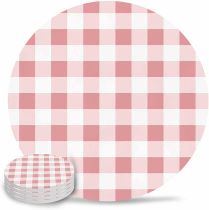 Coaster for Drinks 4 Pack,Modern Pink Plaid Checker Absorbent Round Ceramic Stone with Cork Base,Minimalist Lattice Texture Drink Coaster Cup Mats for Home Dining Coffee Tables