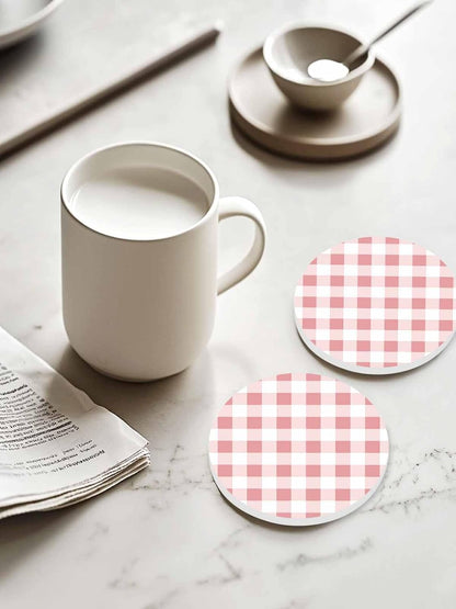 Coaster for Drinks 4 Pack,Modern Pink Plaid Checker Absorbent Round Ceramic Stone with Cork Base,Minimalist Lattice Texture Drink Coaster Cup Mats for Home Dining Coffee Tables