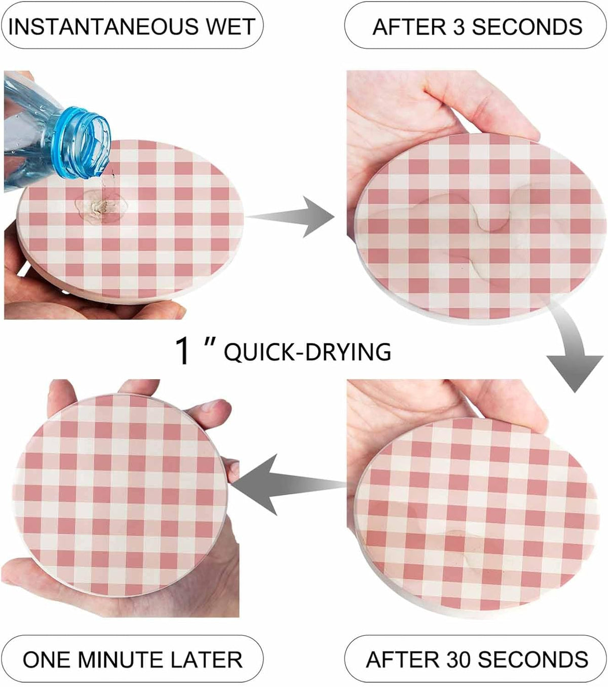 Coaster for Drinks 4 Pack,Modern Pink Plaid Checker Absorbent Round Ceramic Stone with Cork Base,Minimalist Lattice Texture Drink Coaster Cup Mats for Home Dining Coffee Tables
