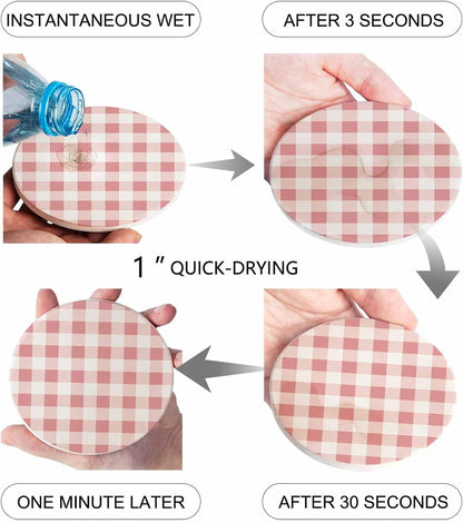 Coaster for Drinks 4 Pack,Modern Pink Plaid Checker Absorbent Round Ceramic Stone with Cork Base,Minimalist Lattice Texture Drink Coaster Cup Mats for Home Dining Coffee Tables