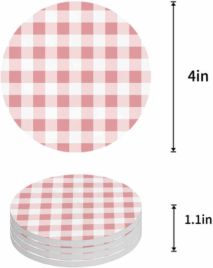 Coaster for Drinks 4 Pack,Modern Pink Plaid Checker Absorbent Round Ceramic Stone with Cork Base,Minimalist Lattice Texture Drink Coaster Cup Mats for Home Dining Coffee Tables