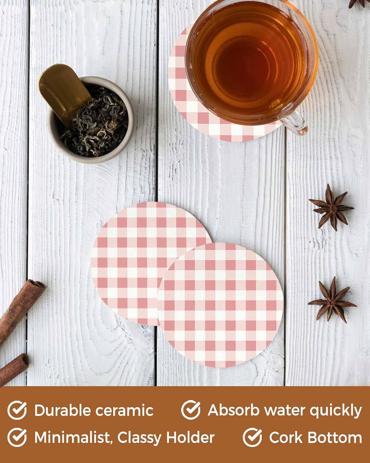 Coaster for Drinks 4 Pack,Modern Pink Plaid Checker Absorbent Round Ceramic Stone with Cork Base,Minimalist Lattice Texture Drink Coaster Cup Mats for Home Dining Coffee Tables