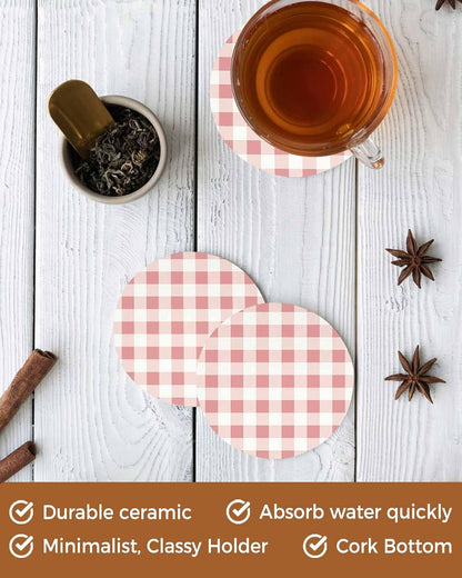 Coaster for Drinks 4 Pack,Modern Pink Plaid Checker Absorbent Round Ceramic Stone with Cork Base,Minimalist Lattice Texture Drink Coaster Cup Mats for Home Dining Coffee Tables