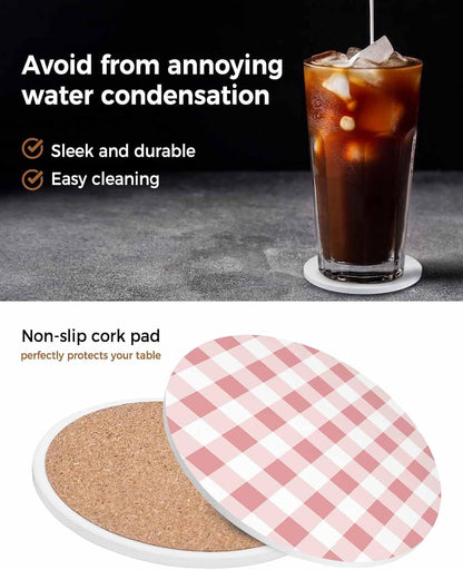 Coaster for Drinks 4 Pack,Modern Pink Plaid Checker Absorbent Round Ceramic Stone with Cork Base,Minimalist Lattice Texture Drink Coaster Cup Mats for Home Dining Coffee Tables