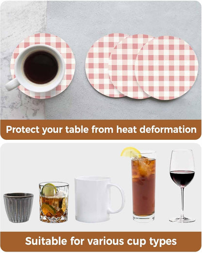 Coaster for Drinks 4 Pack,Modern Pink Plaid Checker Absorbent Round Ceramic Stone with Cork Base,Minimalist Lattice Texture Drink Coaster Cup Mats for Home Dining Coffee Tables