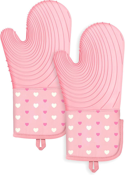 Long Silicone Oven Mitts Heat Resistant for Women - 2 Pcs Heart 100% Cotton Oven Gloves, Non-Slip and Waterproof Silicone Oven Mitts with Hanger for Baking and Cooking