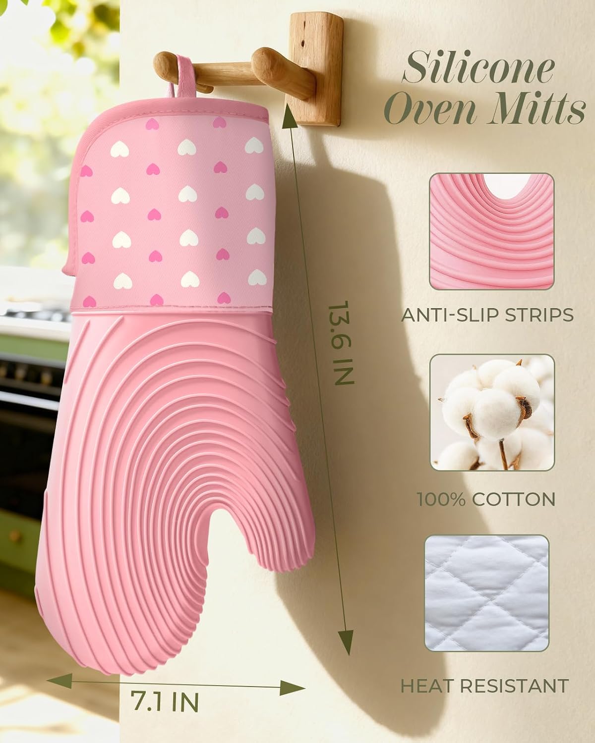 Long Silicone Oven Mitts Heat Resistant for Women - 2 Pcs Heart 100% Cotton Oven Gloves, Non-Slip and Waterproof Silicone Oven Mitts with Hanger for Baking and Cooking