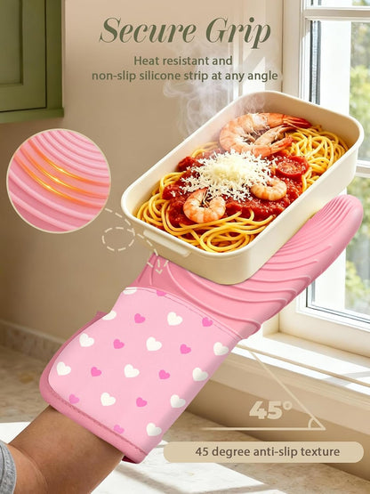 Long Silicone Oven Mitts Heat Resistant for Women - 2 Pcs Heart 100% Cotton Oven Gloves, Non-Slip and Waterproof Silicone Oven Mitts with Hanger for Baking and Cooking