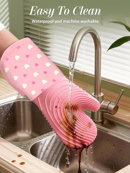 Long Silicone Oven Mitts Heat Resistant for Women - 2 Pcs Heart 100% Cotton Oven Gloves, Non-Slip and Waterproof Silicone Oven Mitts with Hanger for Baking and Cooking