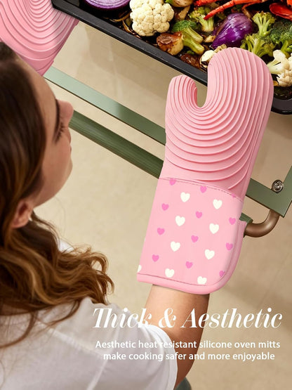 Long Silicone Oven Mitts Heat Resistant for Women - 2 Pcs Heart 100% Cotton Oven Gloves, Non-Slip and Waterproof Silicone Oven Mitts with Hanger for Baking and Cooking