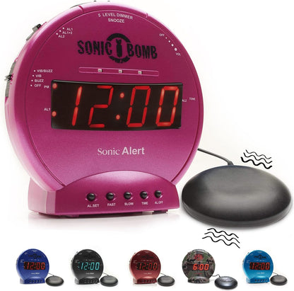 Sonic Bomb Dual Alarm Clock with Bed Shaker, Pink Vibrating Alarm Clock for Heavy Sleepers, Battery Backup | Wake with a Shake