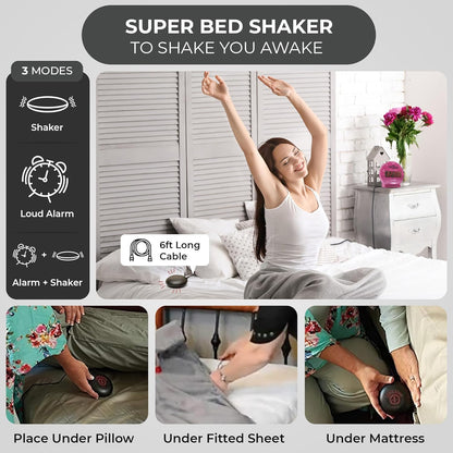 Sonic Bomb Dual Alarm Clock with Bed Shaker, Pink Vibrating Alarm Clock for Heavy Sleepers, Battery Backup | Wake with a Shake