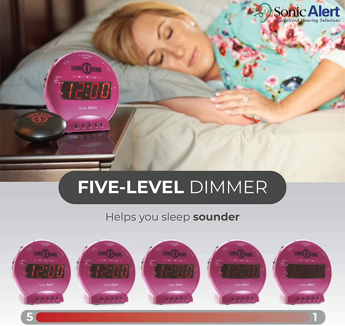Sonic Bomb Dual Alarm Clock with Bed Shaker, Pink Vibrating Alarm Clock for Heavy Sleepers, Battery Backup | Wake with a Shake