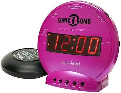 Sonic Bomb Dual Alarm Clock with Bed Shaker, Pink Vibrating Alarm Clock for Heavy Sleepers, Battery Backup | Wake with a Shake