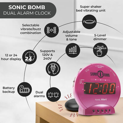 Sonic Bomb Dual Alarm Clock with Bed Shaker, Pink Vibrating Alarm Clock for Heavy Sleepers, Battery Backup | Wake with a Shake