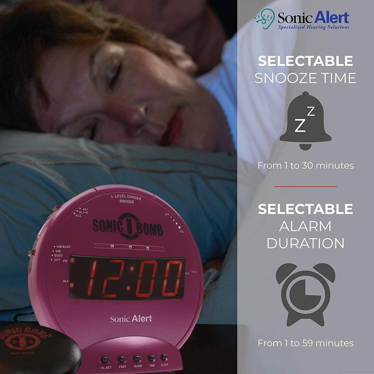 Sonic Bomb Dual Alarm Clock with Bed Shaker, Pink Vibrating Alarm Clock for Heavy Sleepers, Battery Backup | Wake with a Shake