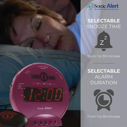 Sonic Bomb Dual Alarm Clock with Bed Shaker, Pink Vibrating Alarm Clock for Heavy Sleepers, Battery Backup | Wake with a Shake