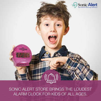 Sonic Bomb Dual Alarm Clock with Bed Shaker, Pink Vibrating Alarm Clock for Heavy Sleepers, Battery Backup | Wake with a Shake