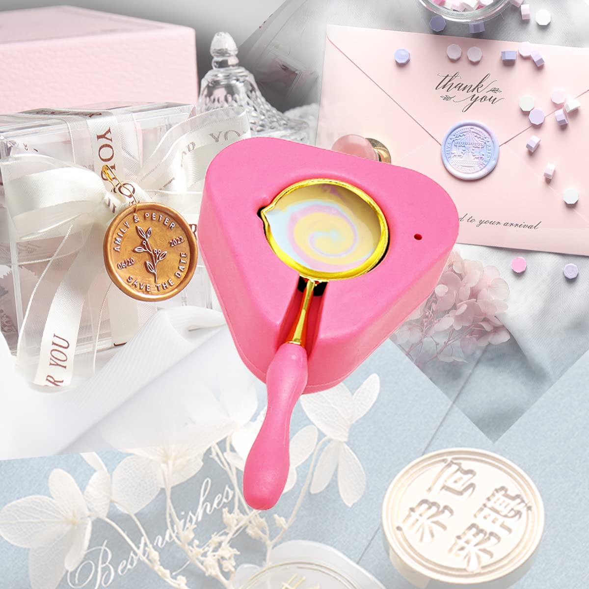 Wax Seal Warmer Wax Seal Kit with Spoon and Tweezers, Great Tool for Melting Sealing Beads (Pink)