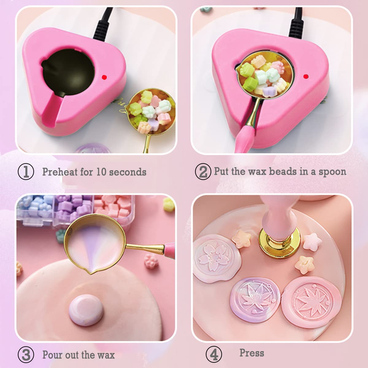 Wax Seal Warmer Wax Seal Kit with Spoon and Tweezers, Great Tool for Melting Sealing Beads (Pink)
