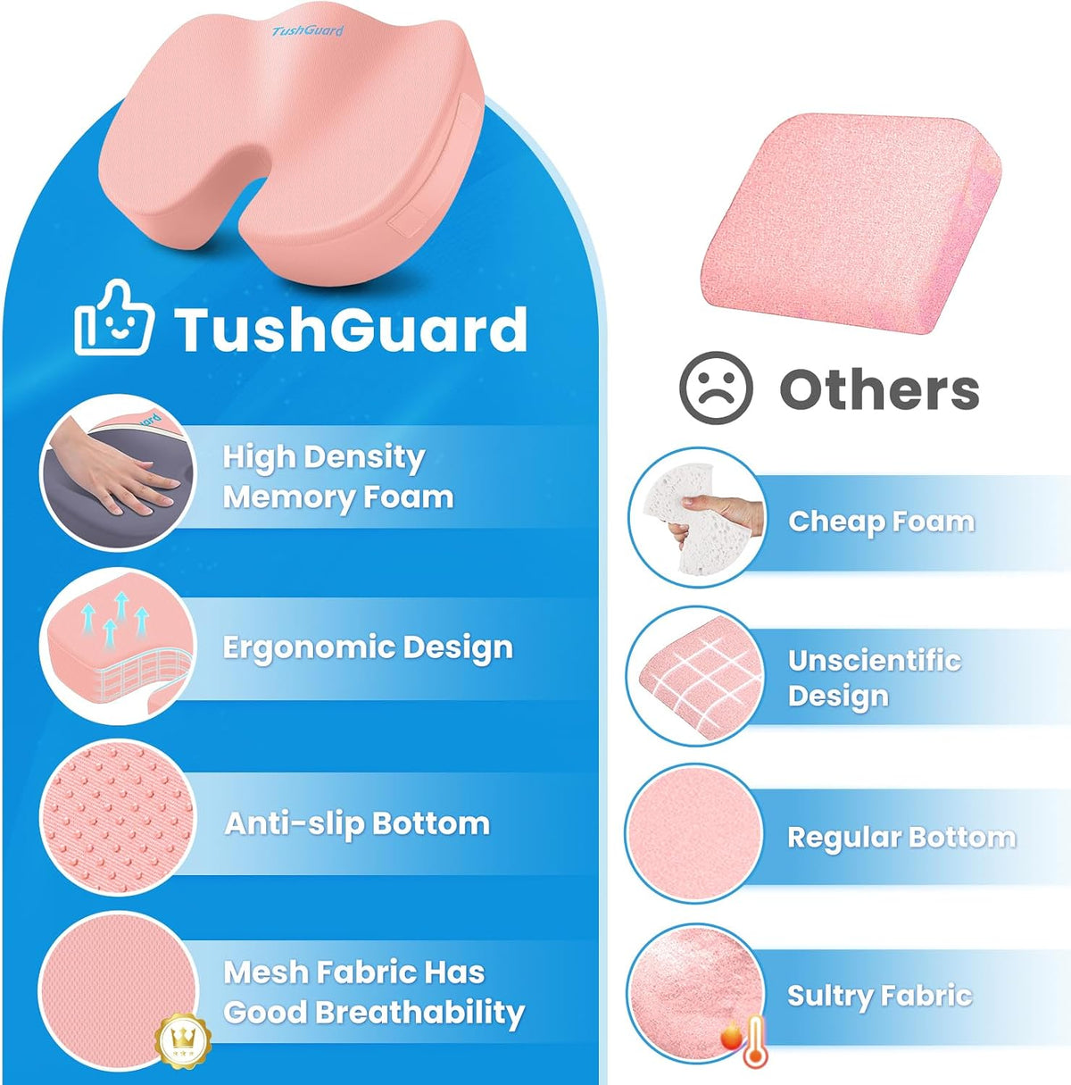 TushGuard Seat Cushion for Office Chair, Memory Foam Chair Cushion, Pink