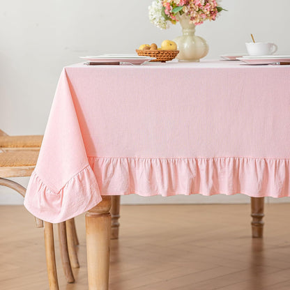 Solid Pink Cotton Ruffle Trim Tablecloth 60" × 84"