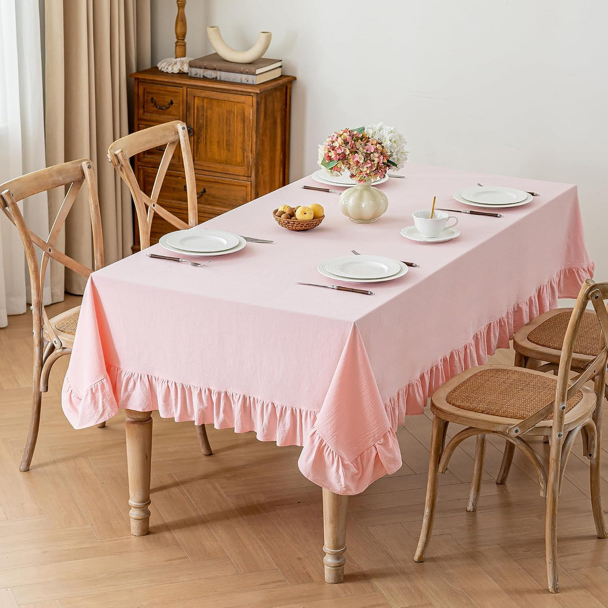 Solid Pink Cotton Ruffle Trim Tablecloth 60" × 84"