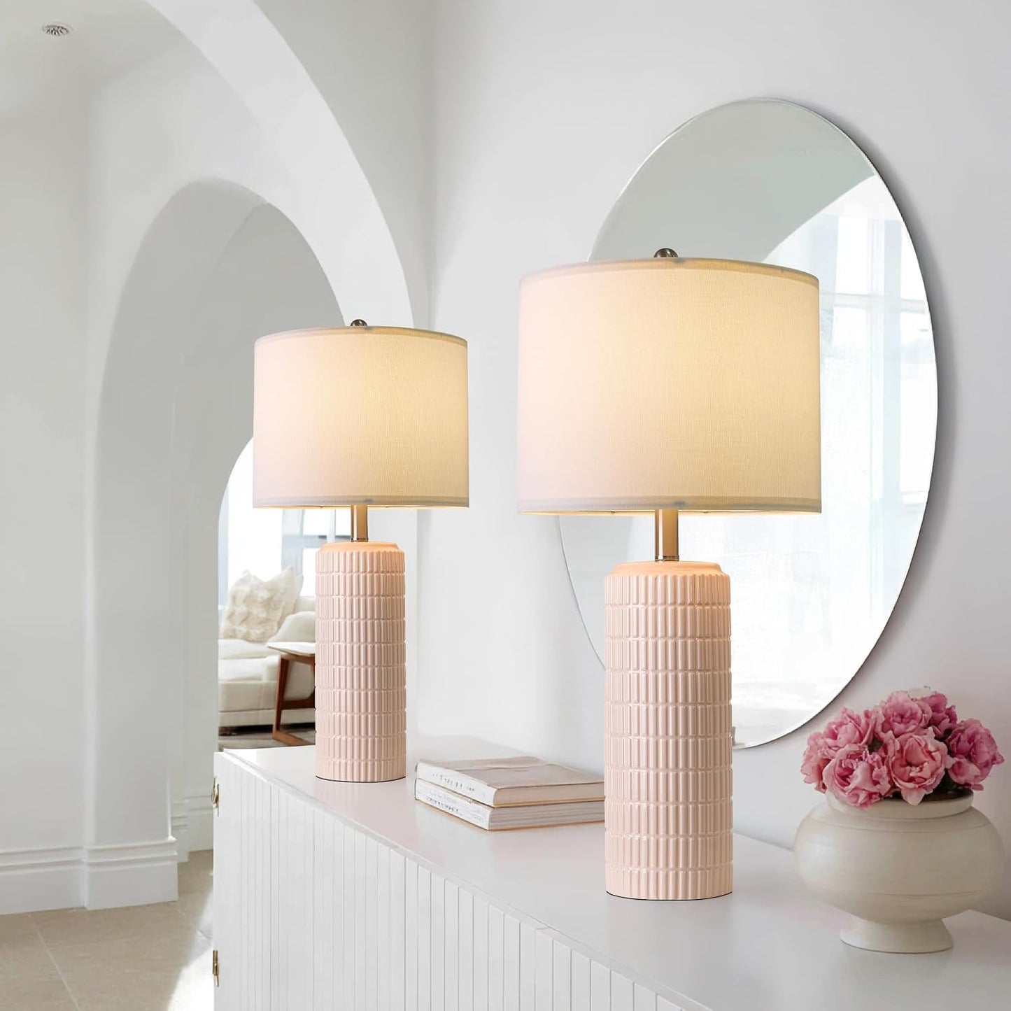 27.5" Pink Ceramic Table Lamps for Girls Room Set of 2, Modern Bedroom Lamps, Bedside Lamps for Night Stands Living Room, Cute Lamps Pink Decor, Nightstands Desk Nursery