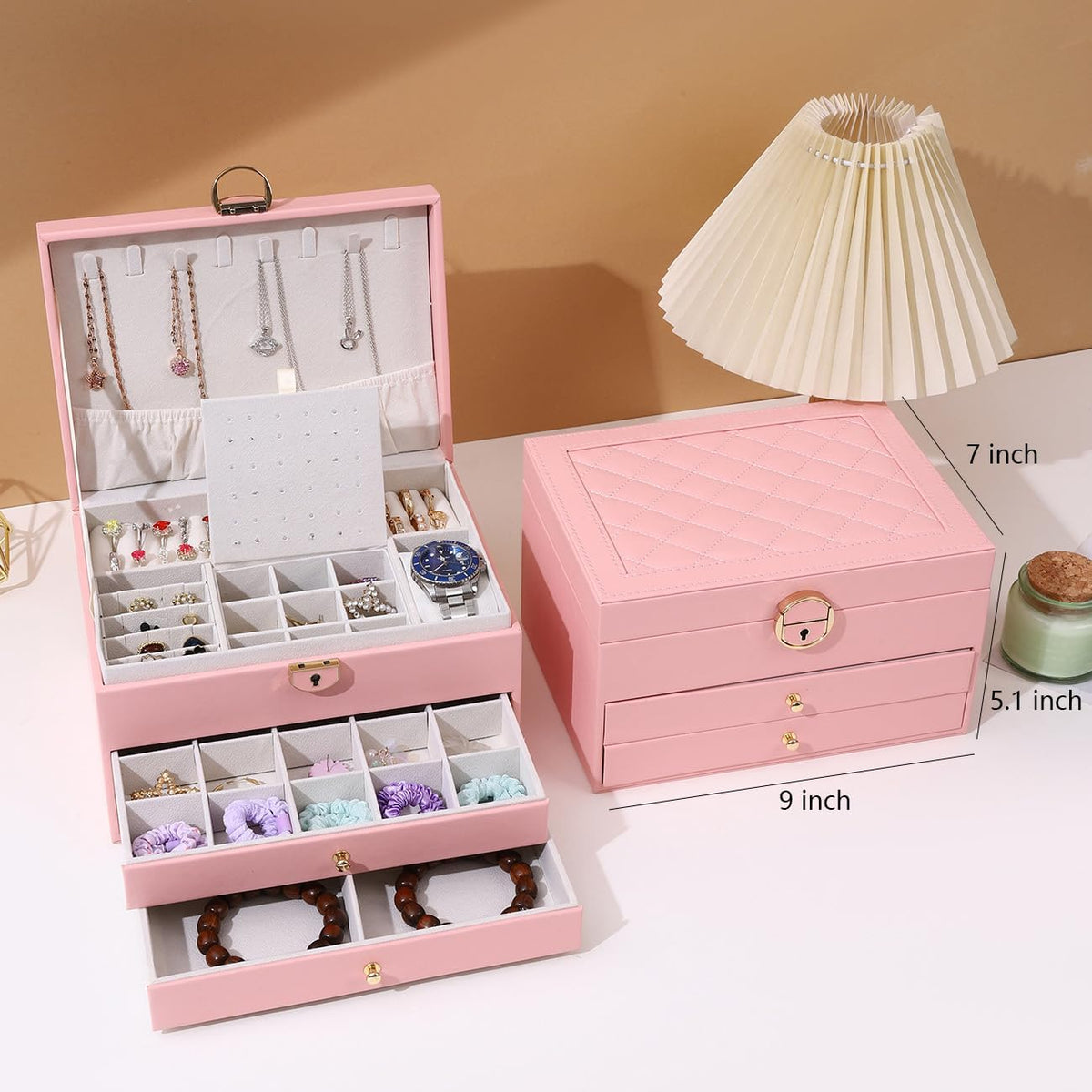 Jewelry Box for Women Girls, 3 Layers Large Jewelry Organizer (Pink)