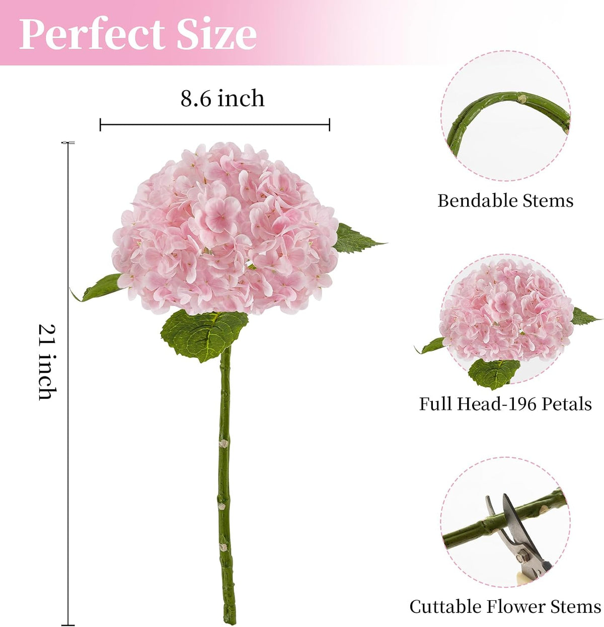 3 Pcs Pink Hydrangea Artificial Flowers,Latex Real Touch Flower with Stems