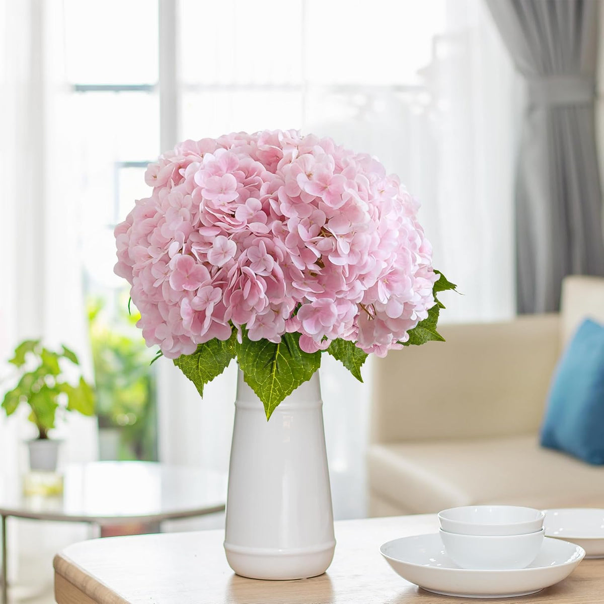 3 Pcs Pink Hydrangea Artificial Flowers,Latex Real Touch Flower with Stems