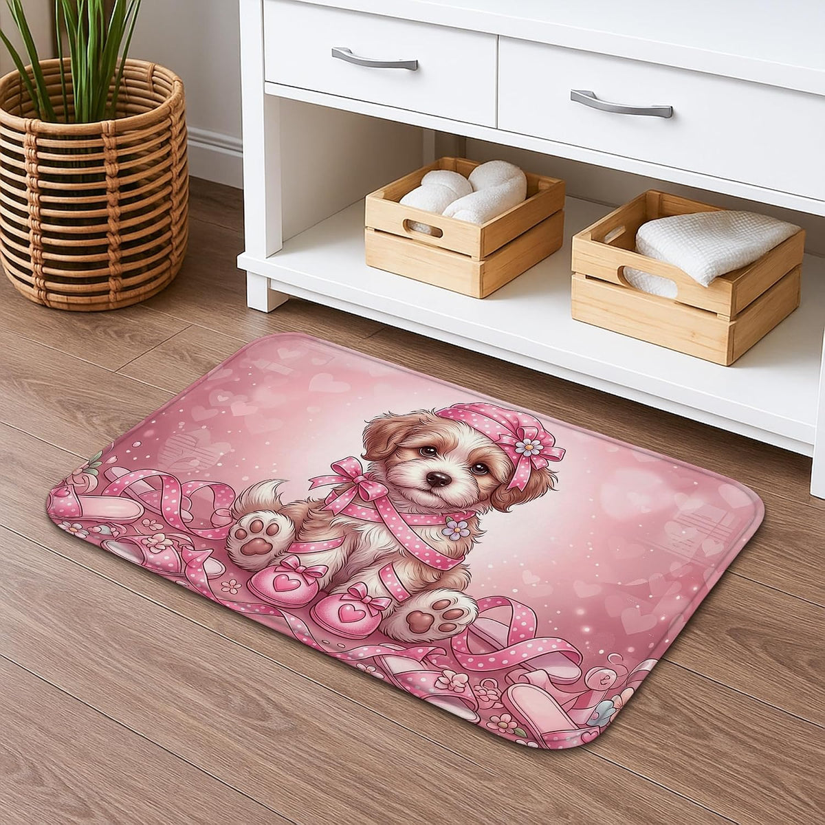 Cute Peach Hearts Quick Dry Bath Mat, Playful Animal Design Absorbent Non Slip Shower Mat, Decorative Washable Bath Rugs for Bathroom Toilet Restroom 20x32 Inch