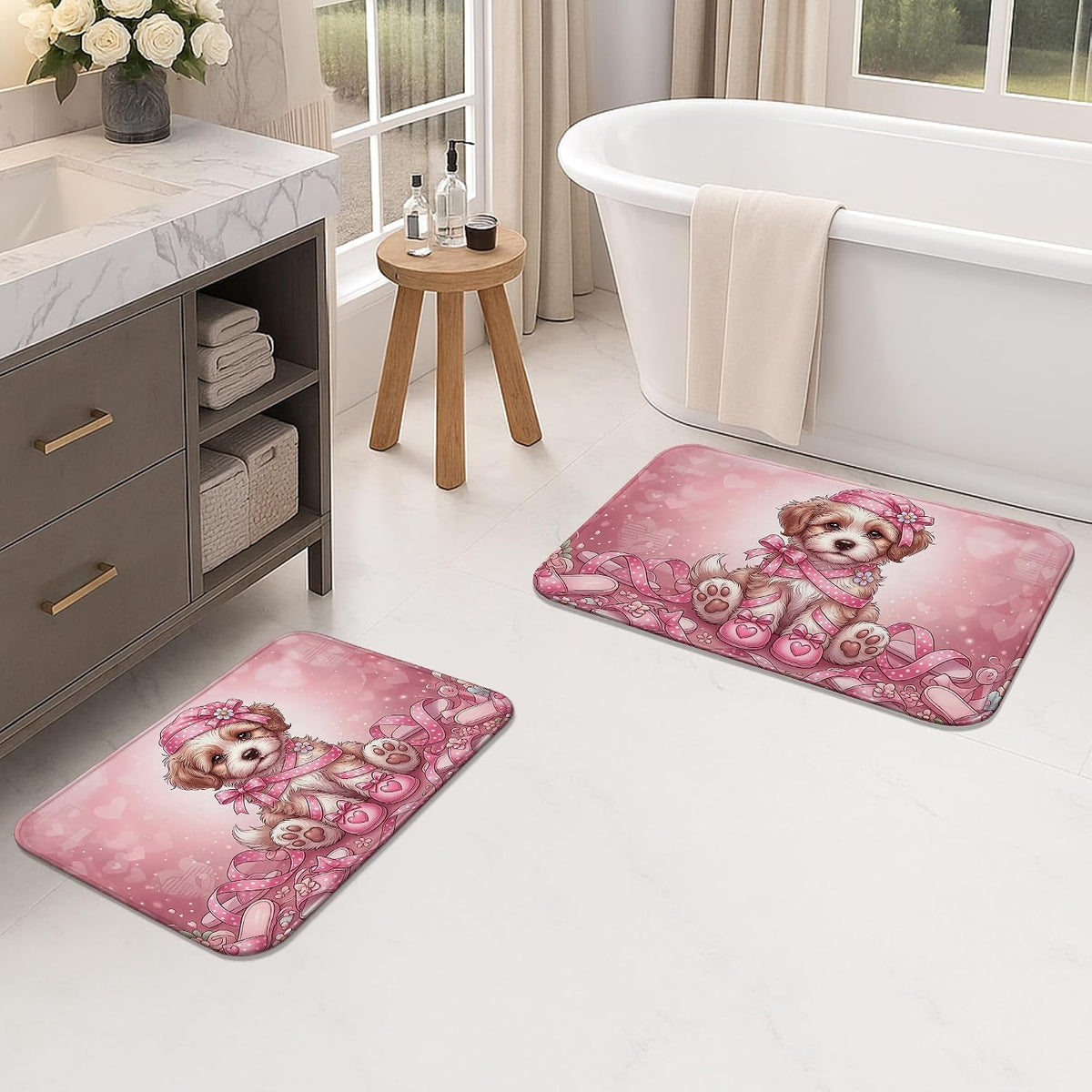 Cute Peach Hearts Quick Dry Bath Mat, Playful Animal Design Absorbent Non Slip Shower Mat, Decorative Washable Bath Rugs for Bathroom Toilet Restroom 20x32 Inch