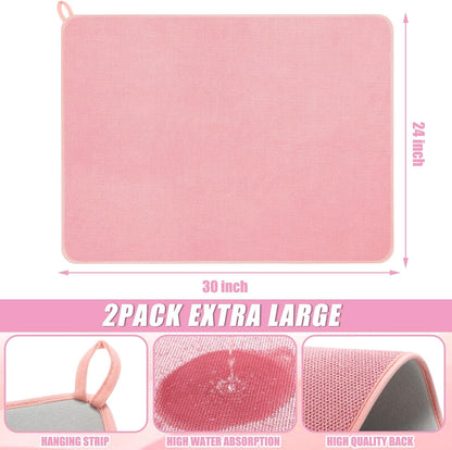 2 Pcs Dish Drying Mats for Kitchen Counter, Pink, 30 x 24 Inch