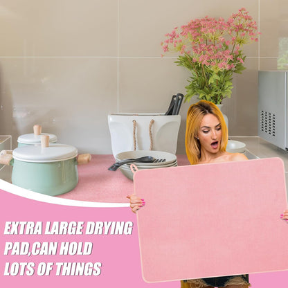 2 Pcs Dish Drying Mats for Kitchen Counter, Pink, 30 x 24 Inch