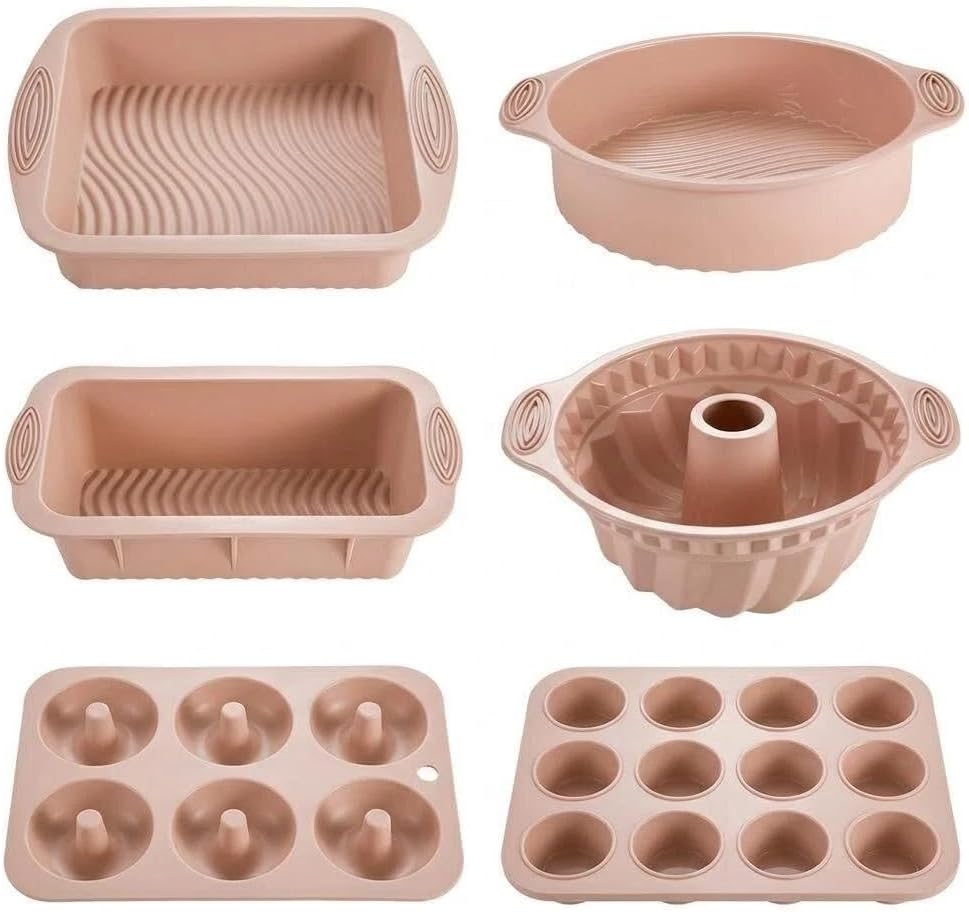 Nonstick Silicone Bakeware Set, 6 set Baking Cake Pan, Economical BPA Free Heat Resistant Bakeware Tools for DIY Loaf Bread Cheesecake Pizza Cupcake Muffin (Pink)