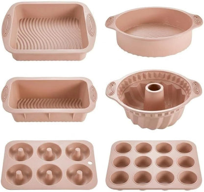 Nonstick Silicone Bakeware Set, 6 set Baking Cake Pan, Economical BPA Free Heat Resistant Bakeware Tools for DIY Loaf Bread Cheesecake Pizza Cupcake Muffin (Pink)