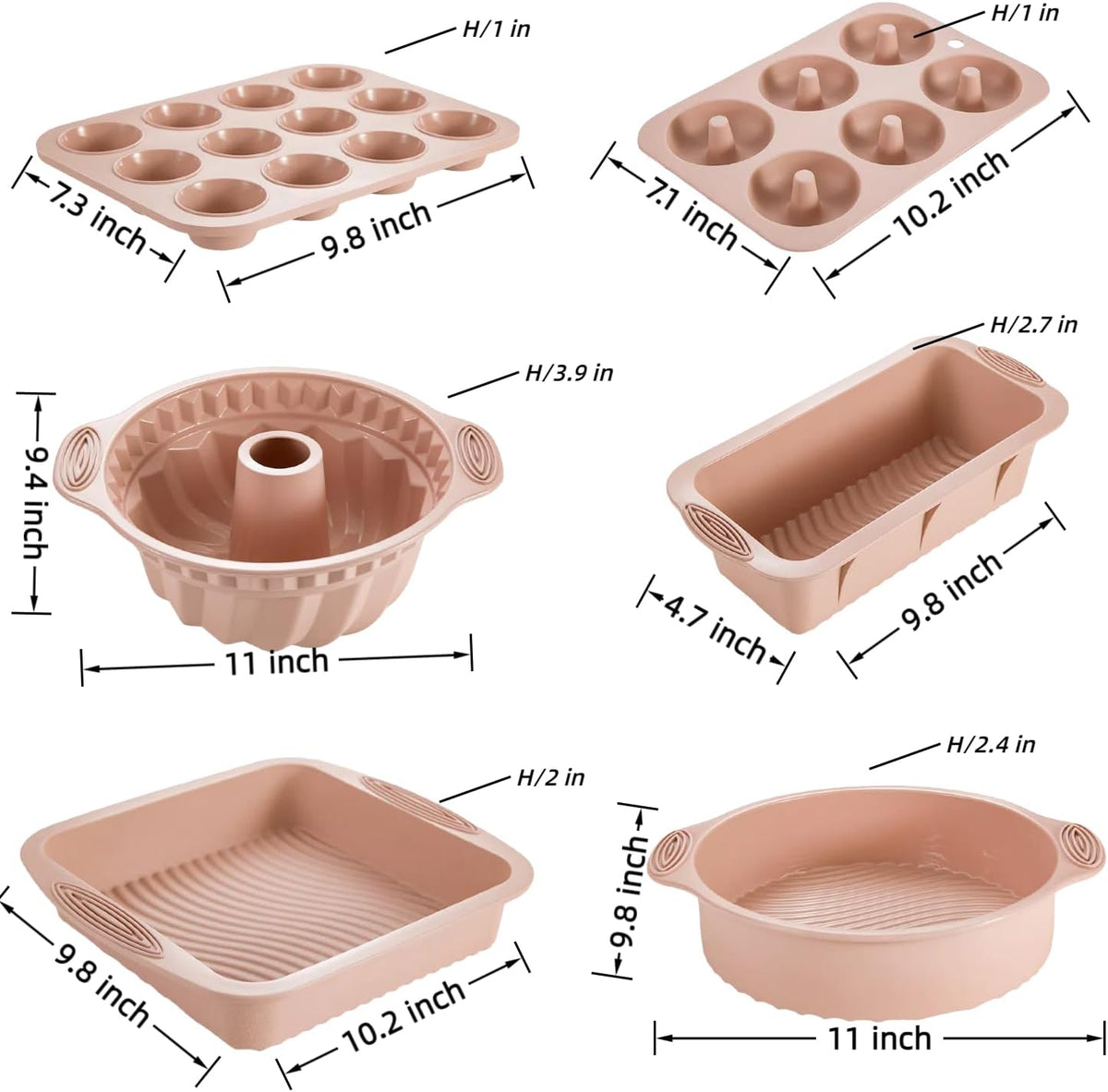 Nonstick Silicone Bakeware Set, 6 set Baking Cake Pan, Economical BPA Free Heat Resistant Bakeware Tools for DIY Loaf Bread Cheesecake Pizza Cupcake Muffin (Pink)