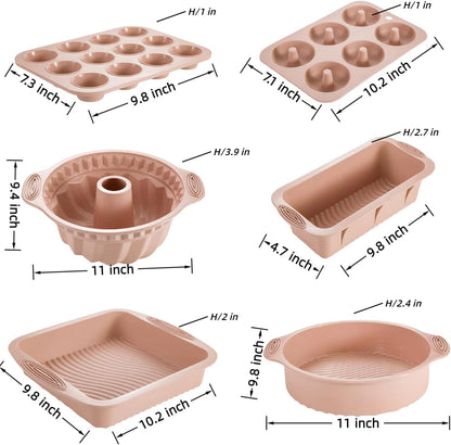 Nonstick Silicone Bakeware Set, 6 set Baking Cake Pan, Economical BPA Free Heat Resistant Bakeware Tools for DIY Loaf Bread Cheesecake Pizza Cupcake Muffin (Pink)