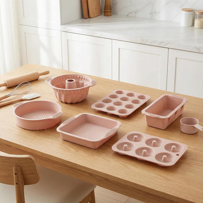 Nonstick Silicone Bakeware Set, 6 set Baking Cake Pan, Economical BPA Free Heat Resistant Bakeware Tools for DIY Loaf Bread Cheesecake Pizza Cupcake Muffin (Pink)