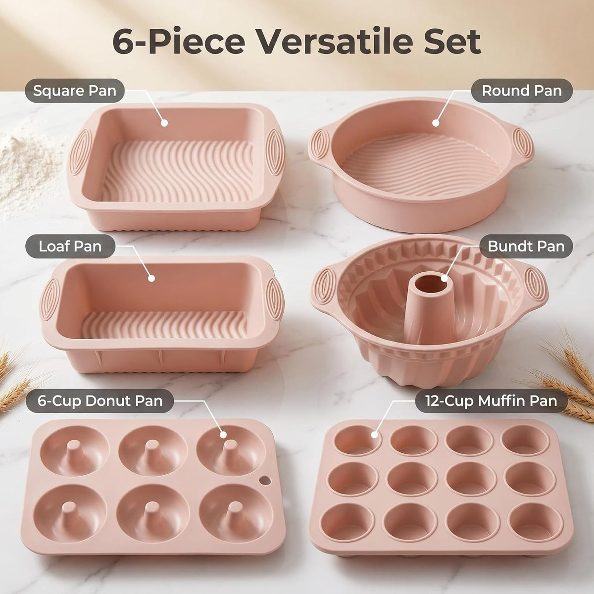 Nonstick Silicone Bakeware Set, 6 set Baking Cake Pan, Economical BPA Free Heat Resistant Bakeware Tools for DIY Loaf Bread Cheesecake Pizza Cupcake Muffin (Pink)