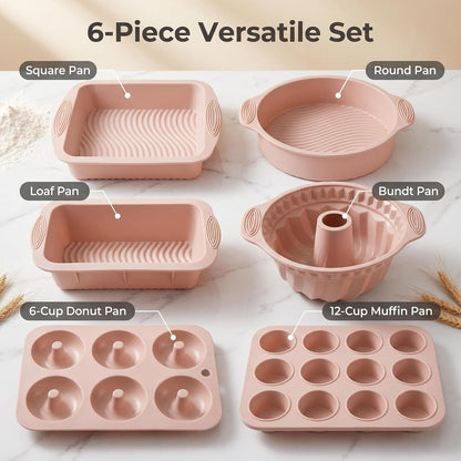 Nonstick Silicone Bakeware Set, 6 set Baking Cake Pan, Economical BPA Free Heat Resistant Bakeware Tools for DIY Loaf Bread Cheesecake Pizza Cupcake Muffin (Pink)