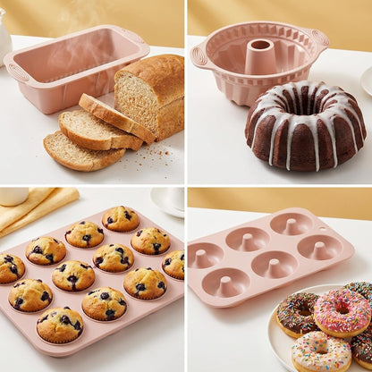 Nonstick Silicone Bakeware Set, 6 set Baking Cake Pan, Economical BPA Free Heat Resistant Bakeware Tools for DIY Loaf Bread Cheesecake Pizza Cupcake Muffin (Pink)