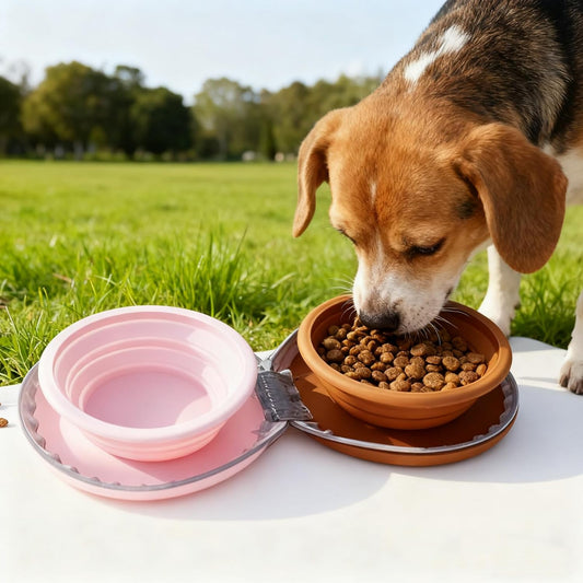 Zegcohjave Collapsible Dog Bowls, 2-in-1 Silicone Portable Dog Food and Water Bowl, Travel Pet Bowls for Dogs & Cats, Ideal for Camping, Hiking and Outdoor Adventures(Brown and pink)