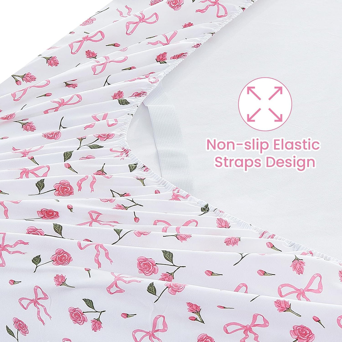 Pink Floral Full Bed Sheets, Cozy Microfiber Flower Printed Sheets with 15" Deep Pocket Fitted Sheet & Non-Slip Straps, Patterned Pink Rose - Bow Sheets & Pillowcase Set