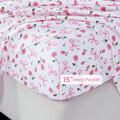 Pink Floral Full Bed Sheets, Cozy Microfiber Flower Printed Sheets with 15" Deep Pocket Fitted Sheet & Non-Slip Straps, Patterned Pink Rose - Bow Sheets & Pillowcase Set