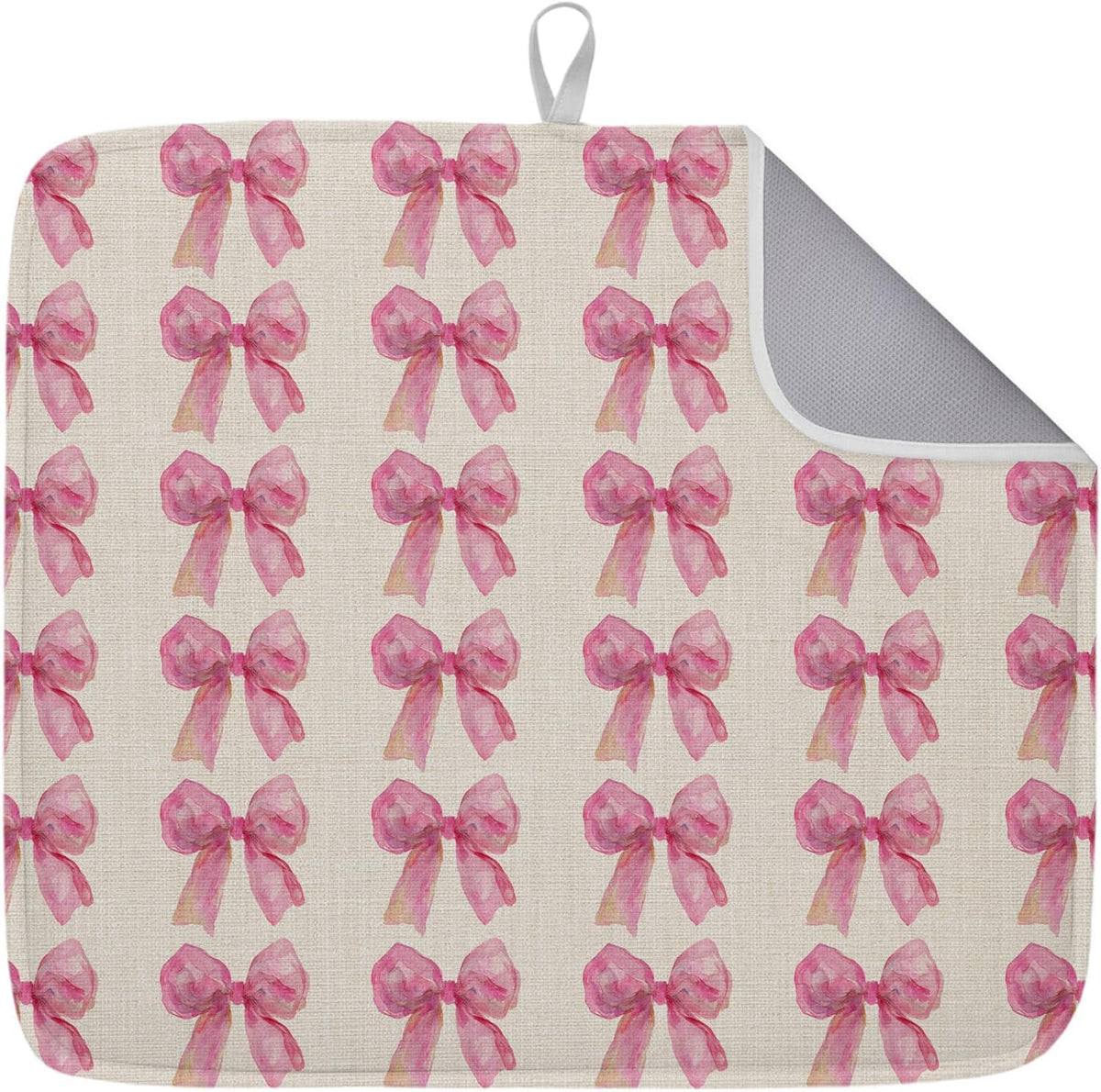 Dish Drying Mat Pink Bow Kitchen Counter Drying Pad for Dishes Glasses Cups and Cookware Linen Background Absorbent Dish Drying Mat Machine Washable Kitchen Accessories 16" x 18"