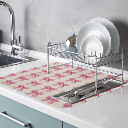 Dish Drying Mat Pink Bow Kitchen Counter Drying Pad for Dishes Glasses Cups and Cookware Linen Background Absorbent Dish Drying Mat Machine Washable Kitchen Accessories 16" x 18"